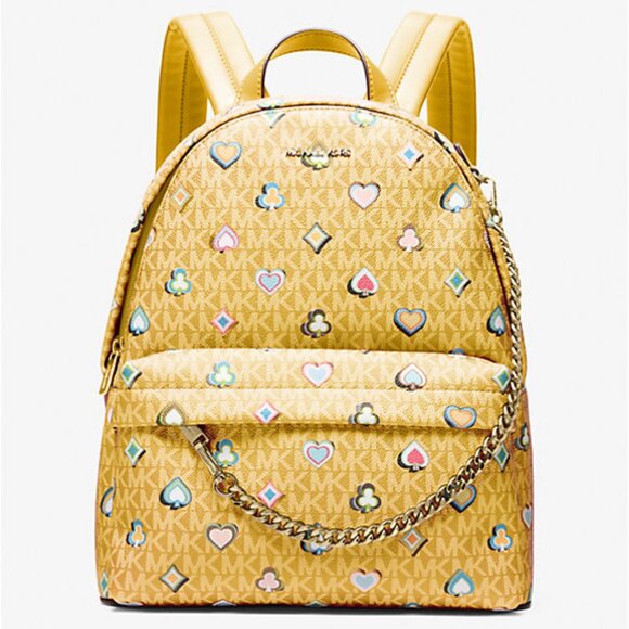 New Michael Kors Slater Medium Printed Signature Logo Backpack Honey Multi - Picture 1 of 3